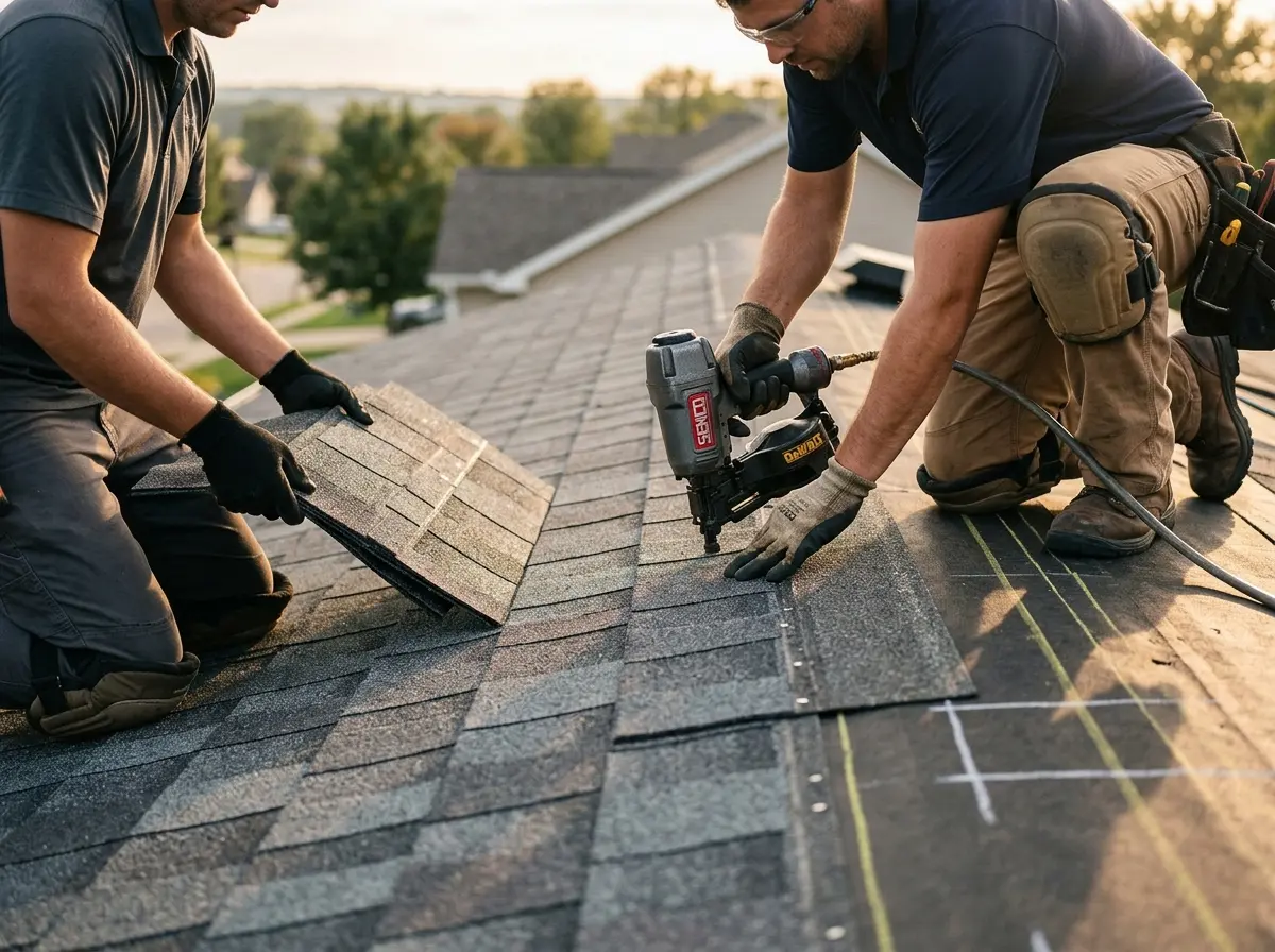 Professional roofer working on a residential roof in Hightstown